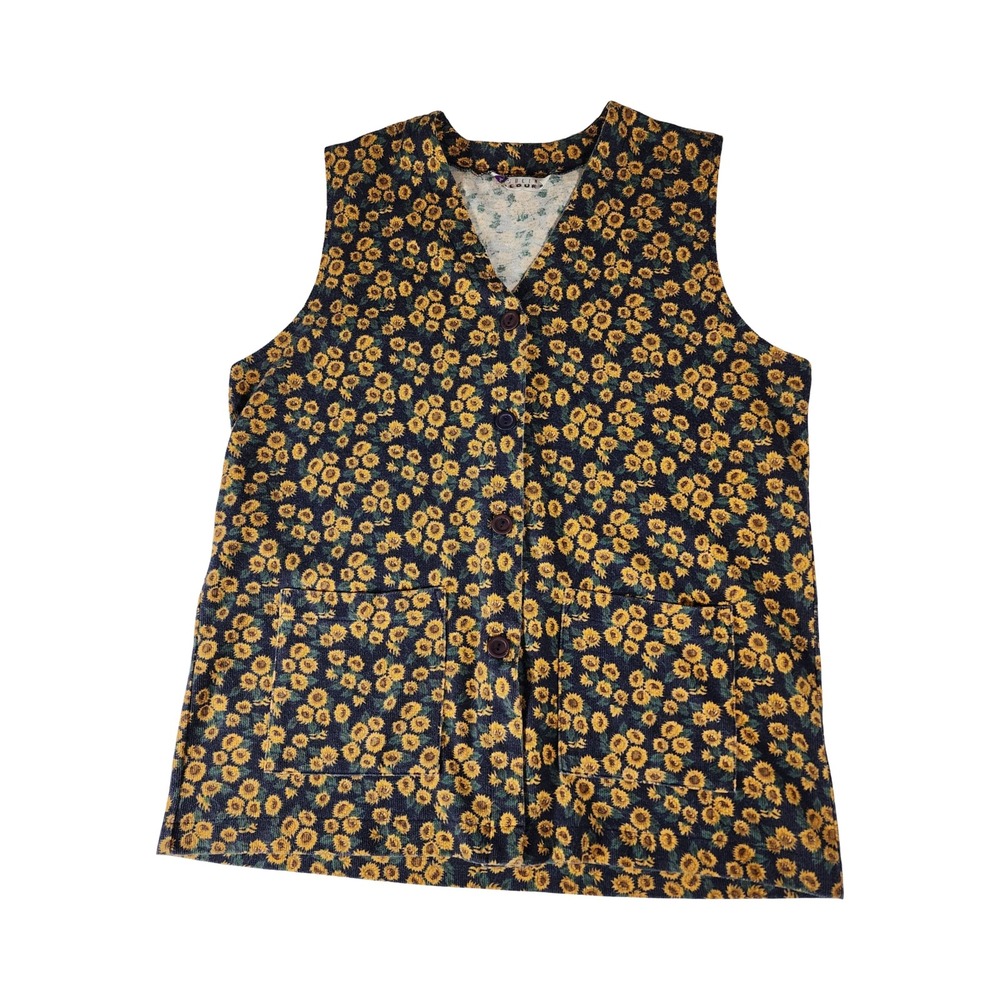 Vintage Carolina Colours Sunflower‎ Print Button Front Vest y2k Floral L/XL